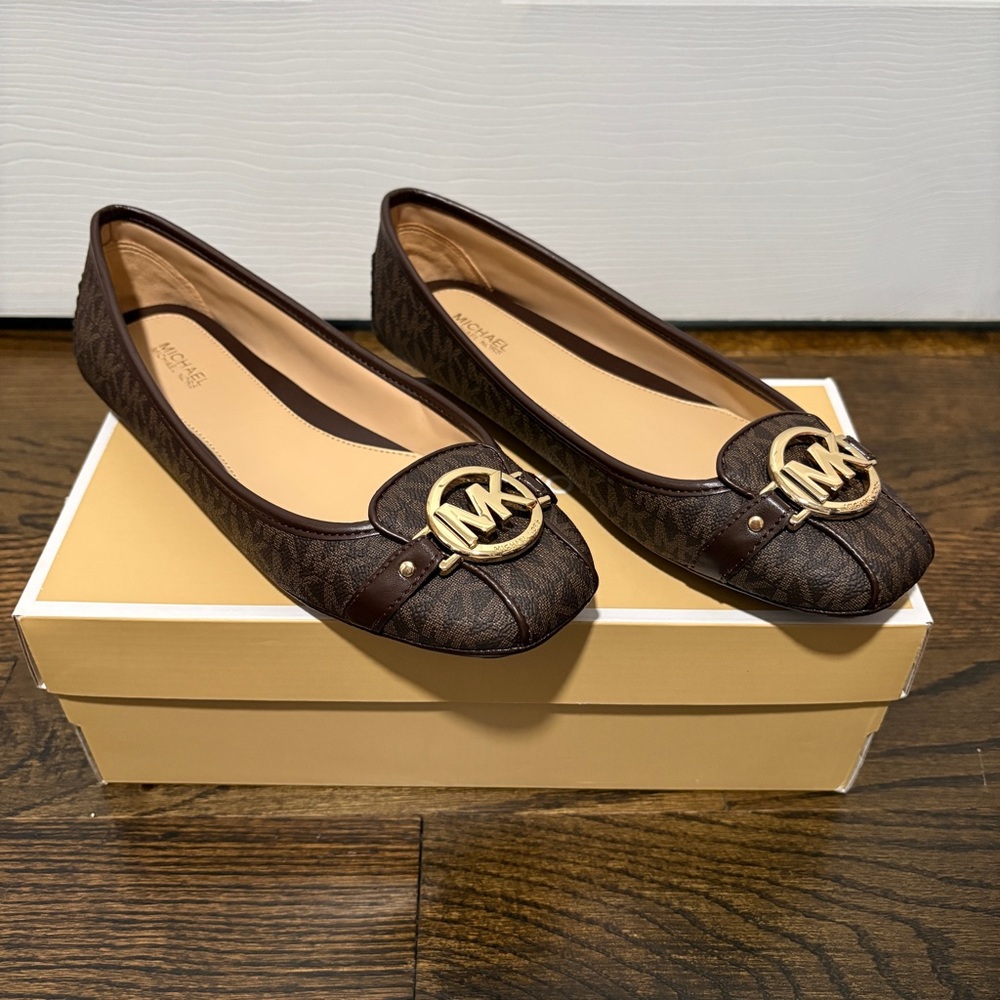 Michael Kors Dark Brown Logo Ballet Flats with Gold MK Medallion